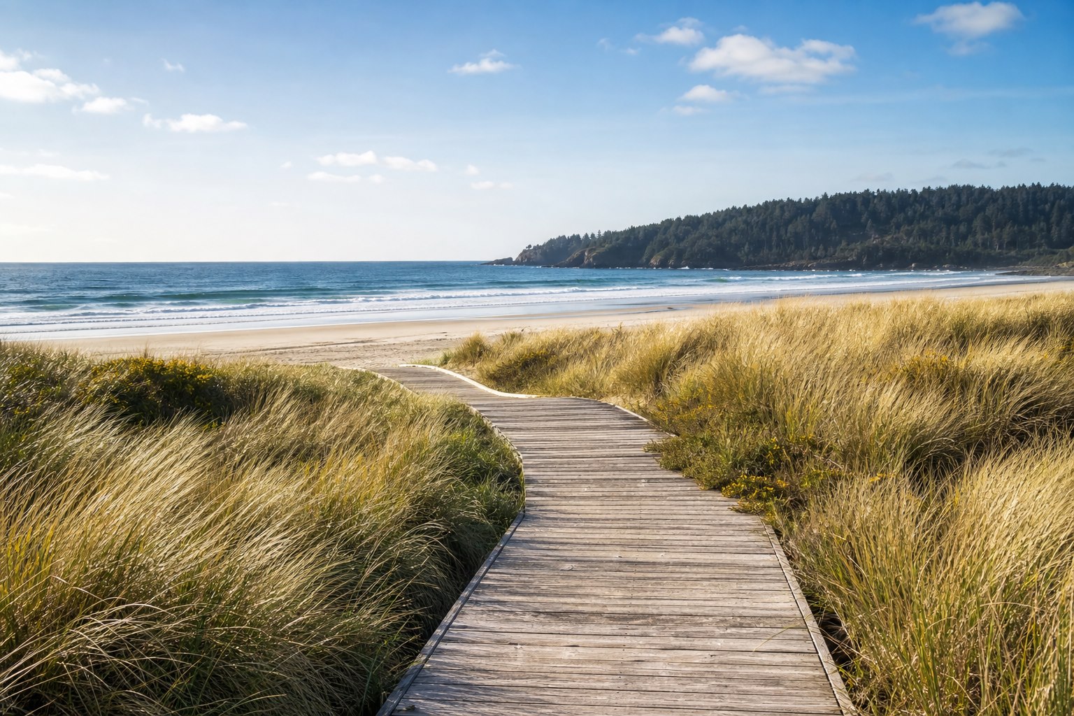 A sunlit boardwalk through dune grass leading toward a Pacific Northwest beach