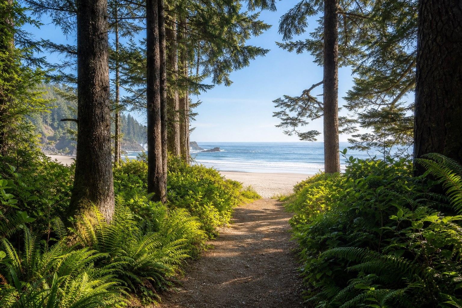 A sunlit trail through an evergreen forest opening onto the ocean