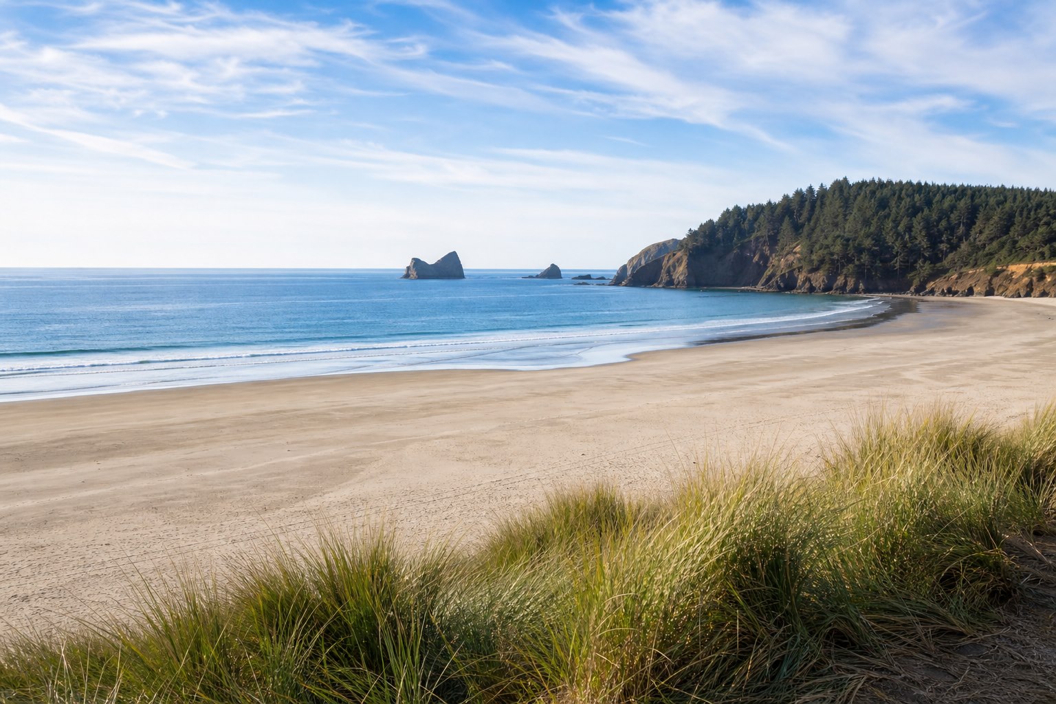 A bright Pacific Northwest beach with blue water, dune grass, and a forested headland