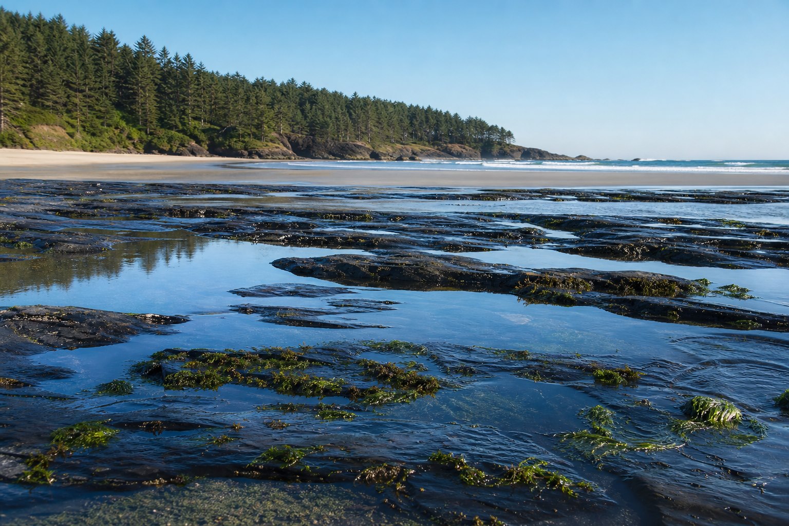 Clear tidepools reflecting blue sky below a forested Pacific Northwest headland